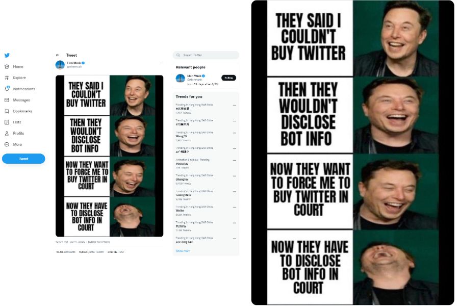 Elon Musk responds to a lawsuit filed against him on Twitter using his signature meme style