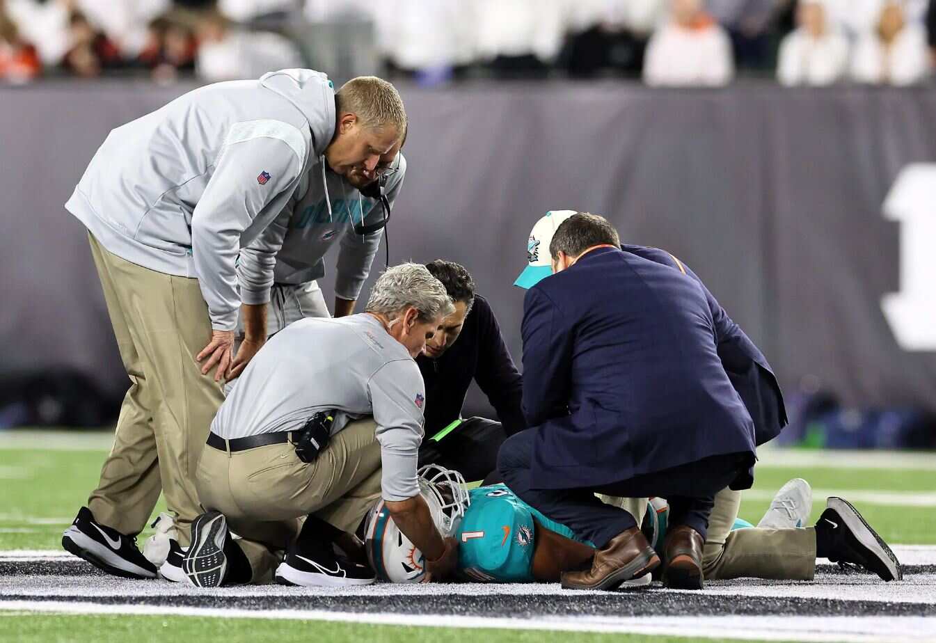 Tua Tagovailoa of the Dolphins was taken to the hospital after sustaining a head injury for the second time in as many games